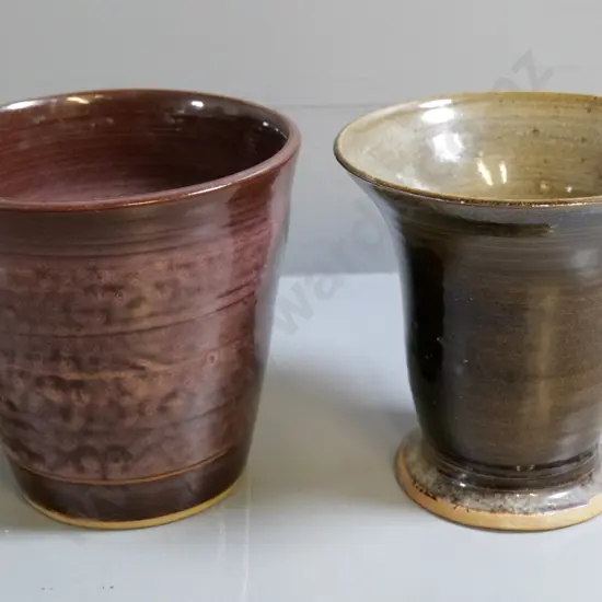 2 studio pottery items, unknown maker - mark is 'S' in circle - each H-150, wider flared vase D-150