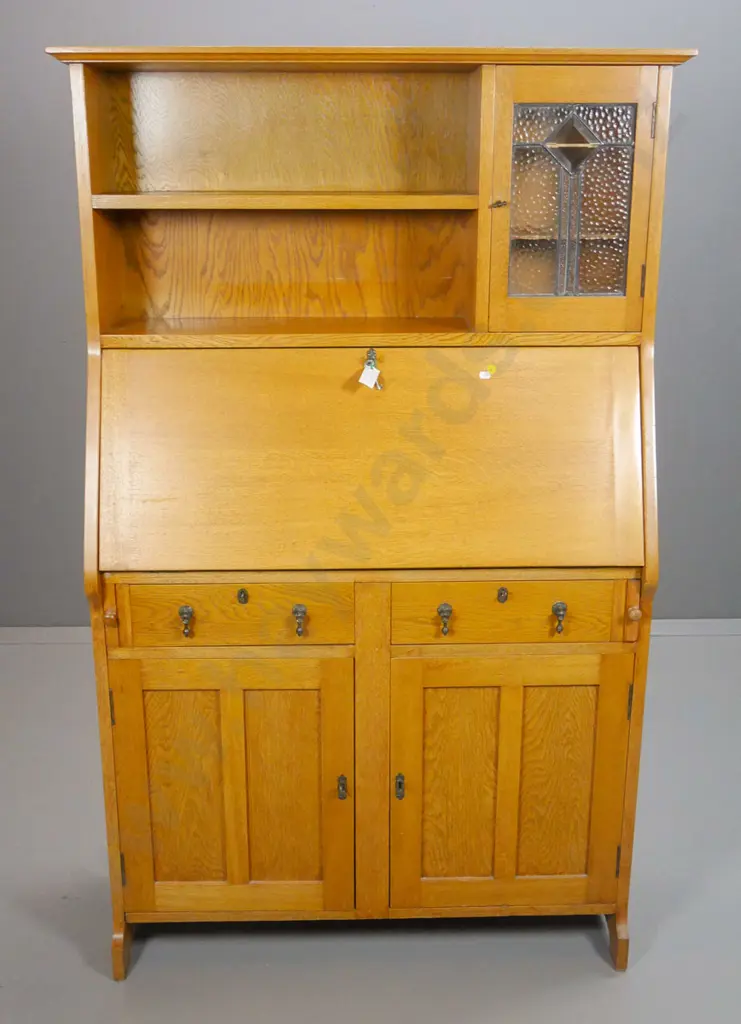 deco oak drop-flap writing desk w/ 2 cupboard doors, leadlight cupboard on top, internal drawers, key H1550 W910 D330 Image 1++