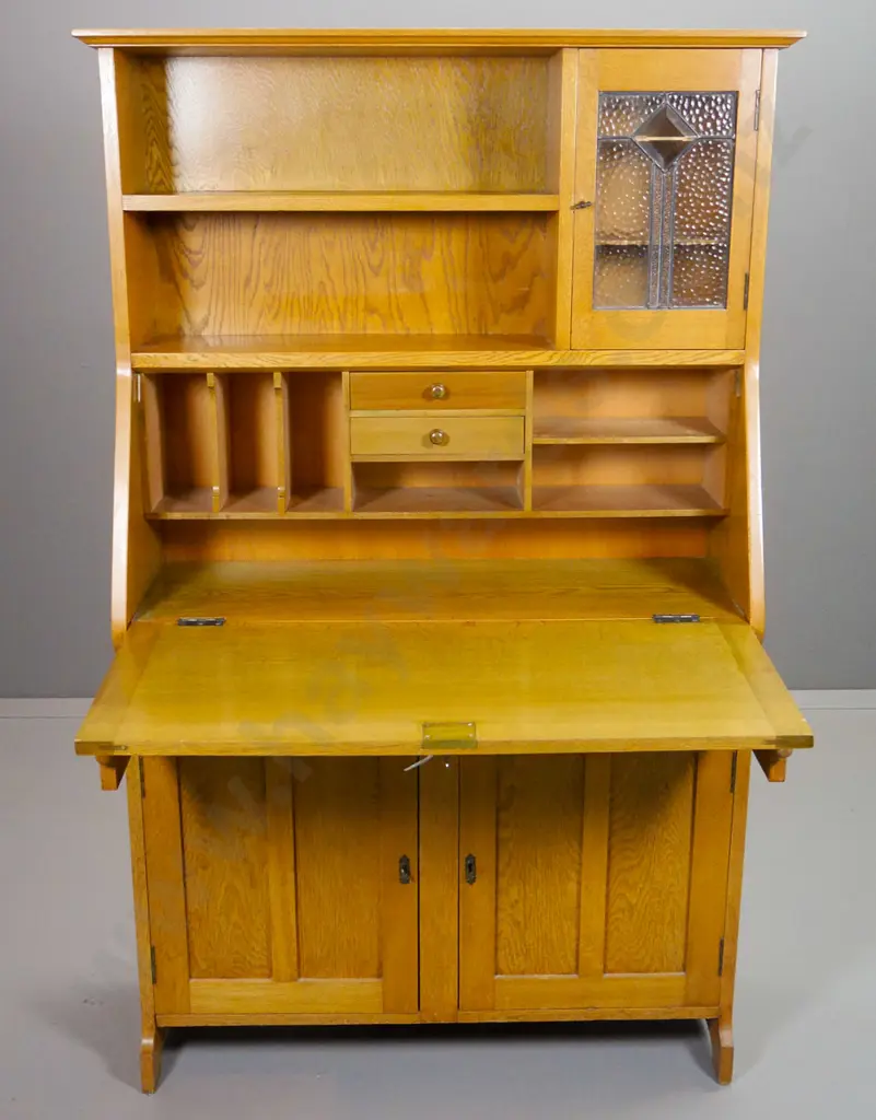 deco oak drop-flap writing desk w/ 2 cupboard doors, leadlight cupboard on top, internal drawers, key H1550 W910 D330 Image 1++