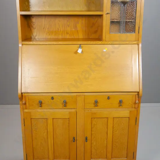 deco oak drop-flap writing desk w/ 2 cupboard doors, leadlight cupboard on top, internal drawers, key H1550 W910 D330