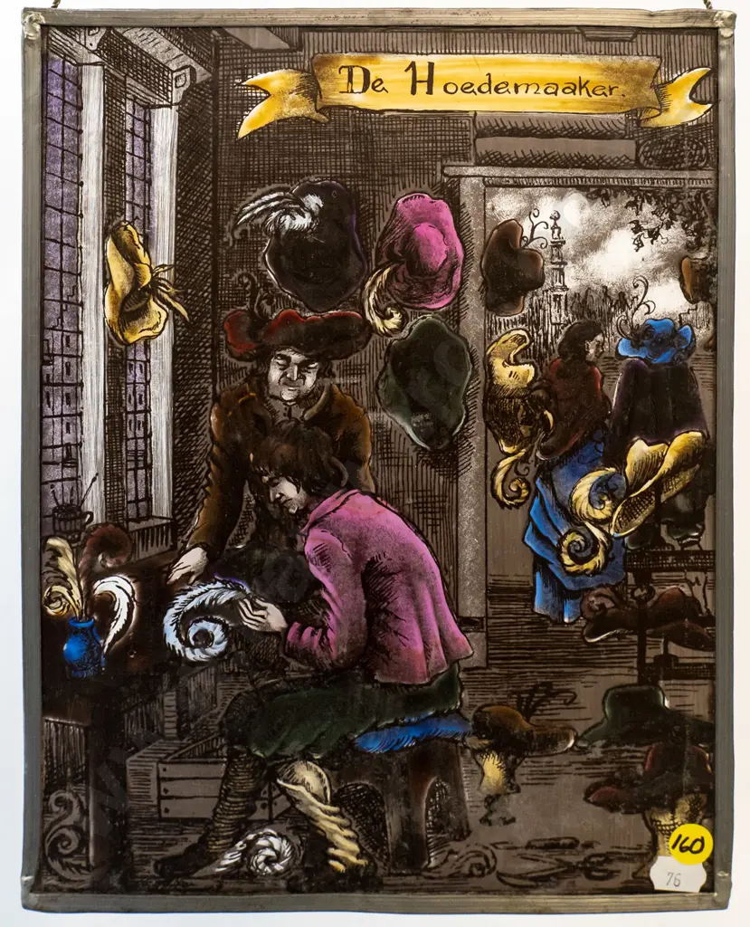 leadlight painted glass picture - Dutch hat-maker scene "Der Hoedemaaker" JH-300 W-230 Image 1++