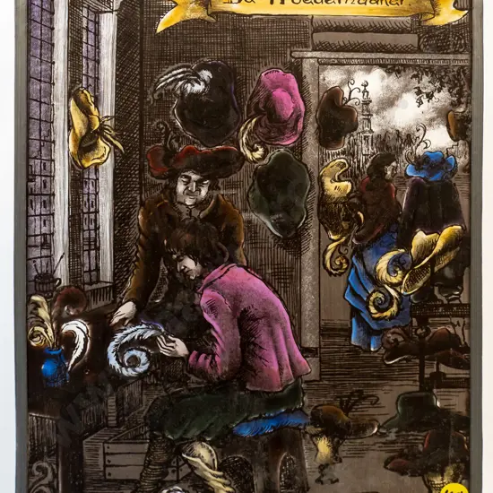 leadlight painted glass picture - Dutch hat-maker scene "Der Hoedemaaker" JH-300 W-230
