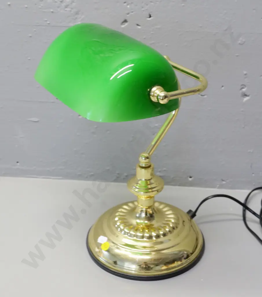 modern brass banker's lamp with green glass shade H-360 Image 1++