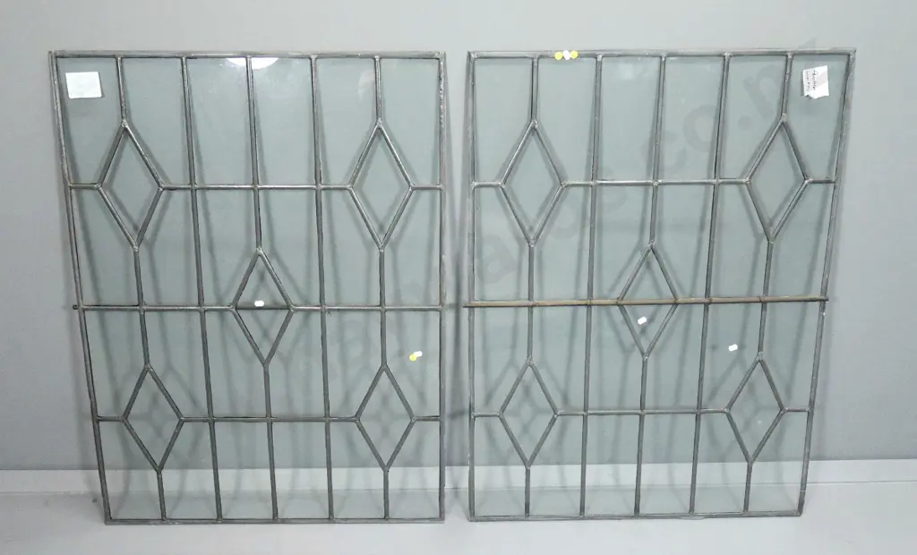 pair of large leadlight panels with clear glass, iron reinforcing bar thru centre H-1000 W-740 Image 1++