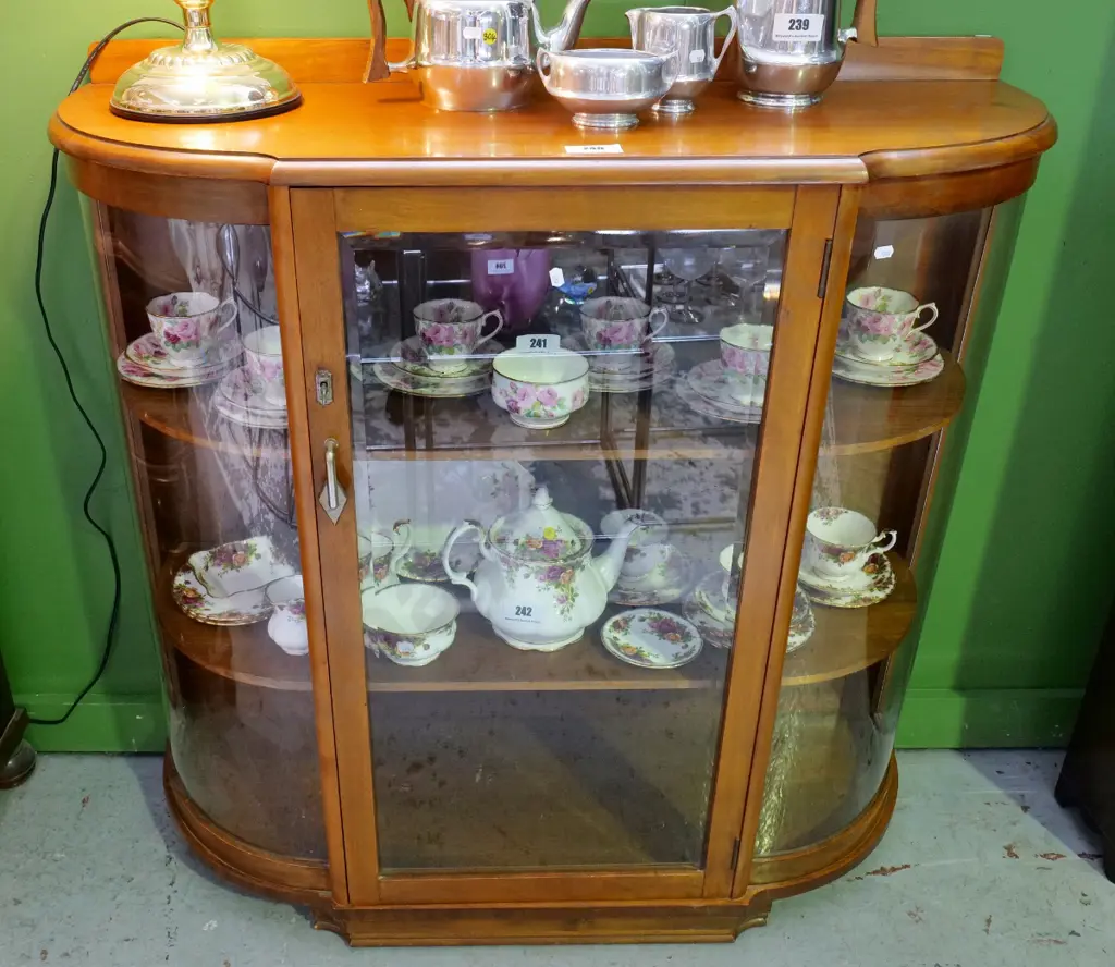 deco (kauri?) bow-front china cabinet with glazed sides and single door, chrome & bakelite handle H-1040 W-1030 D-380 Image 1++
