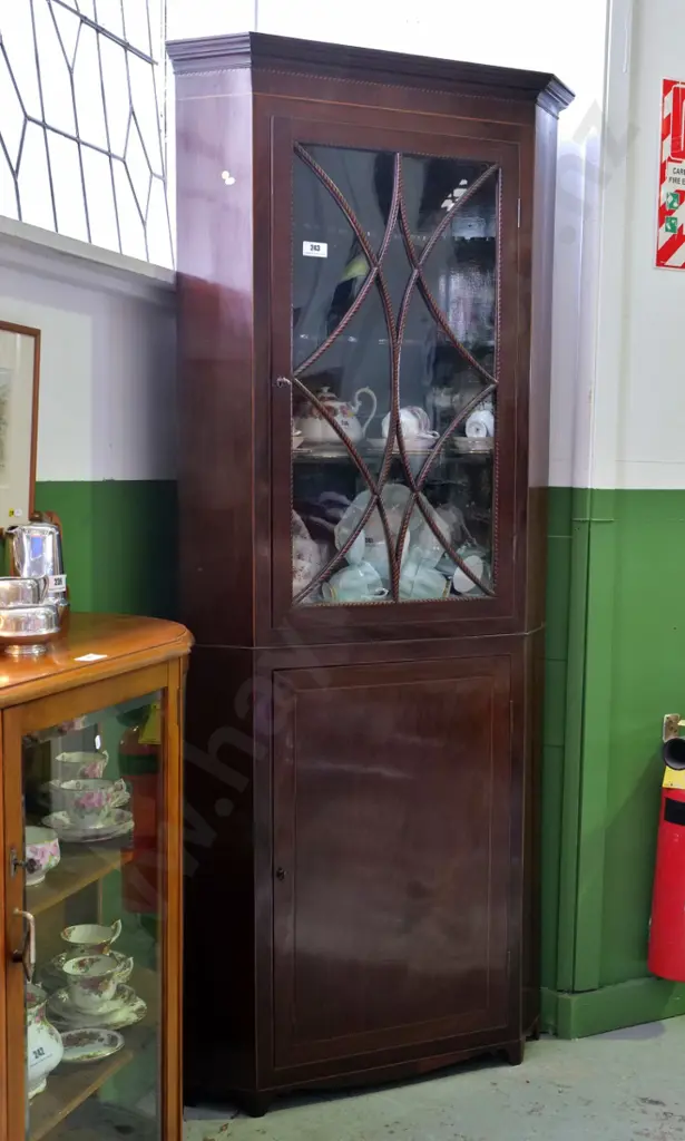 vintage mahogany corner cabinet with banded astragals, key escutcheons, 2 glass panes broken H2000 W900 D500 Image 1++