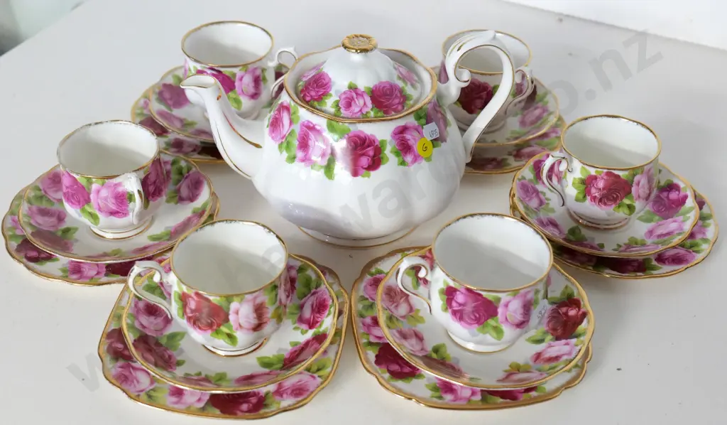 Royal Albert Old English Rose teapot and 6 trios - 2 plates have squared sides, others round Image 1++