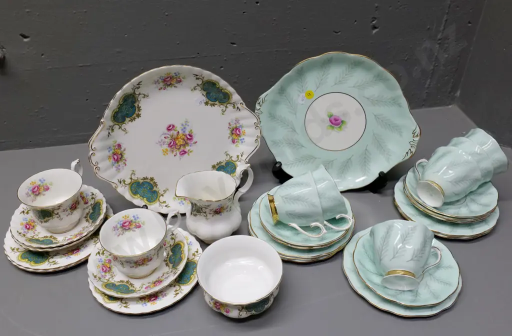 assorted Royal Albert teaware - 6 Rosamund trios & cake plate, 2 Barkeley trios, cream, sugar and cake plate, etc. Image 1++