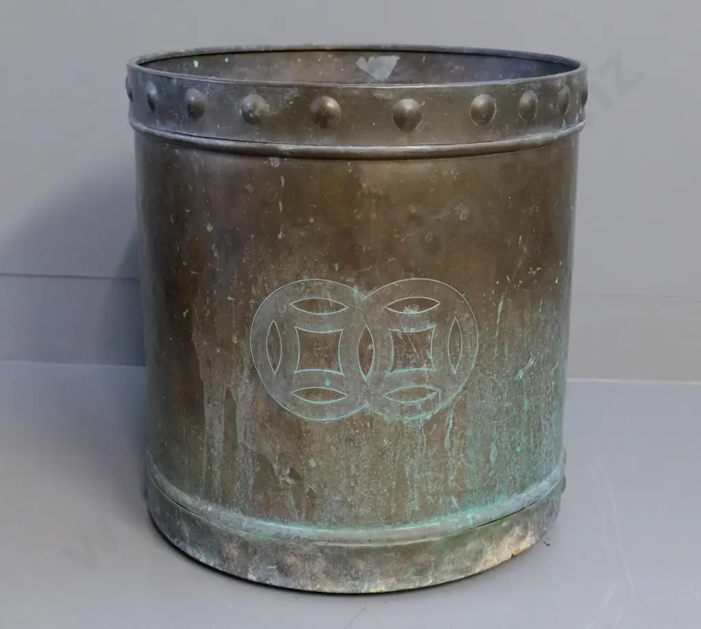 beaten copper planter or wood bin w/etched pattern on side, studded-motif bands, holes in bottomH-360 D-350 Image 1++