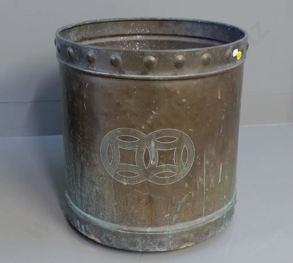 beaten copper planter or wood bin w/etched pattern on side, studded-motif bands, holes in bottomH-360 D-350 Image 1++