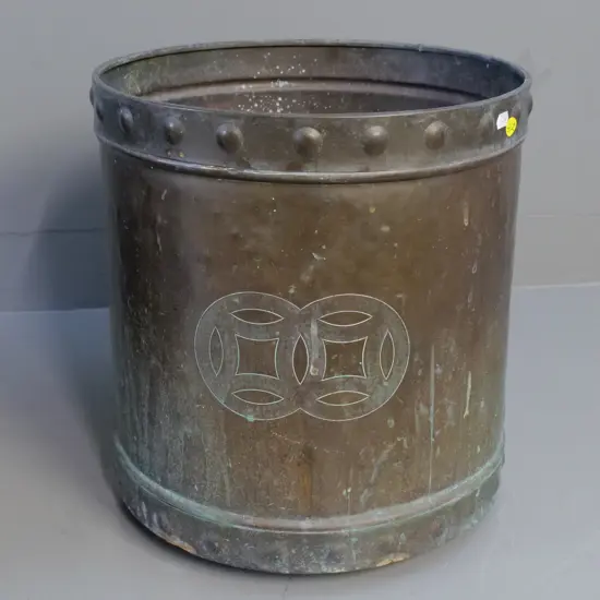 beaten copper planter or wood bin w/etched pattern on side, studded-motif bands, holes in bottomH-360 D-350