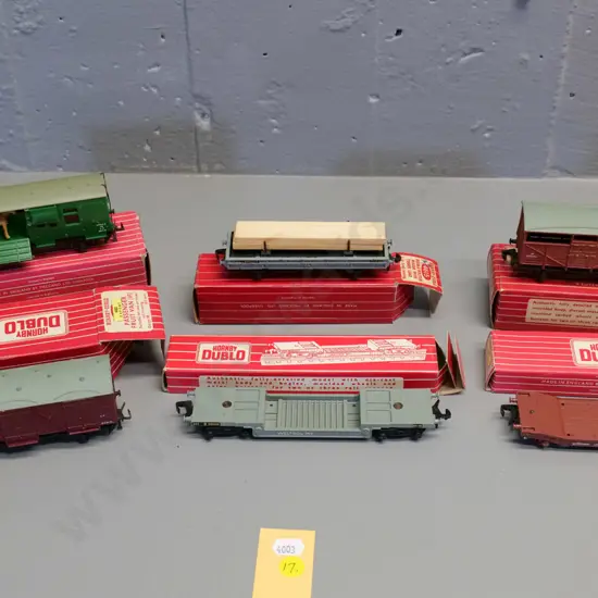 Hornby Dublo OO gauge model railway items - 6 freight wagons - horse box, fruit van, machine wagon etc.