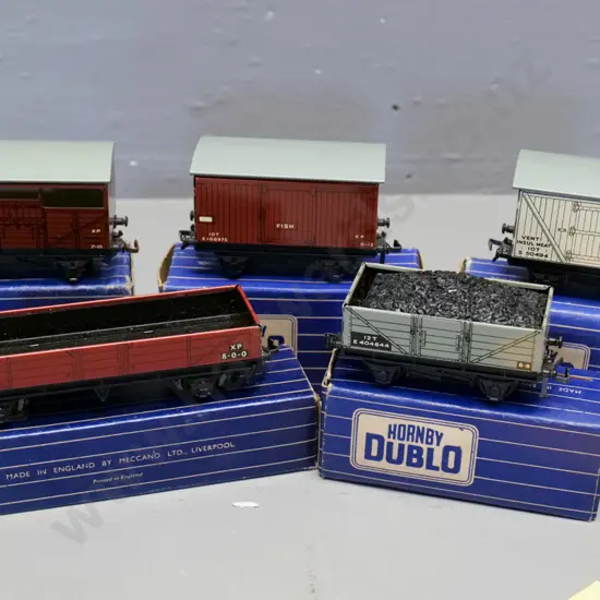 Hornby Dublo OO gauge model railway items - 5 all-metal freight wagons - cattle truck, meat van, fish, etc.