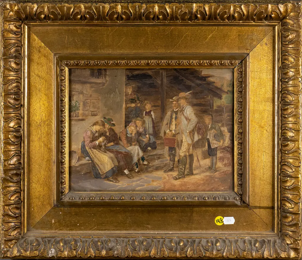 gilt framed oil - people talking H-190 W-240 Image 1++