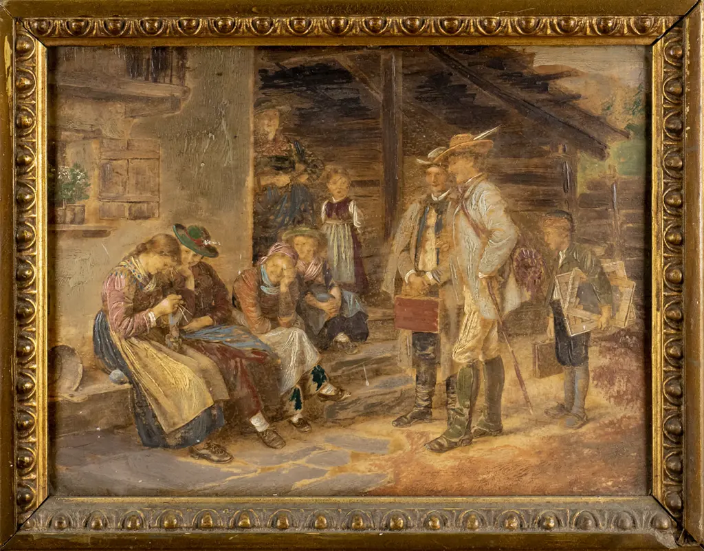gilt framed oil - people talking H-190 W-240 Image 1++