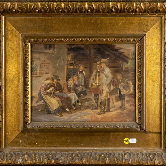 gilt framed oil - people talking H-190 W-240