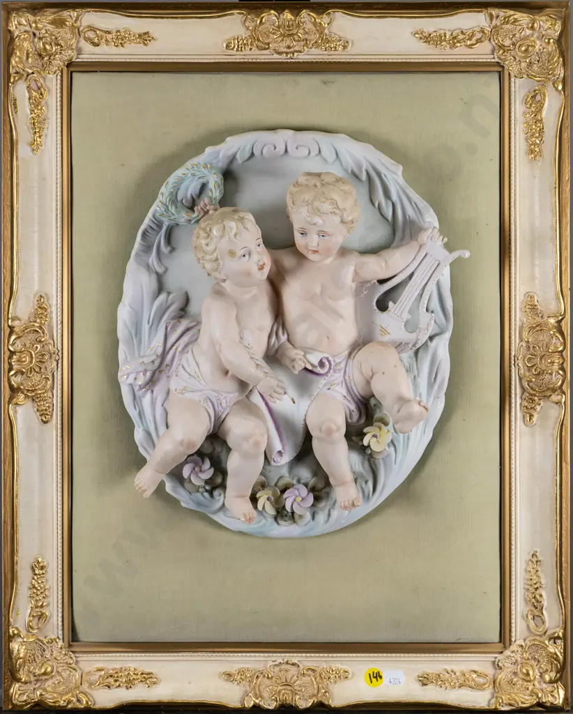 gilt framed 3D ceramic cherubs on velvet background H-430 W-330 Image 1++