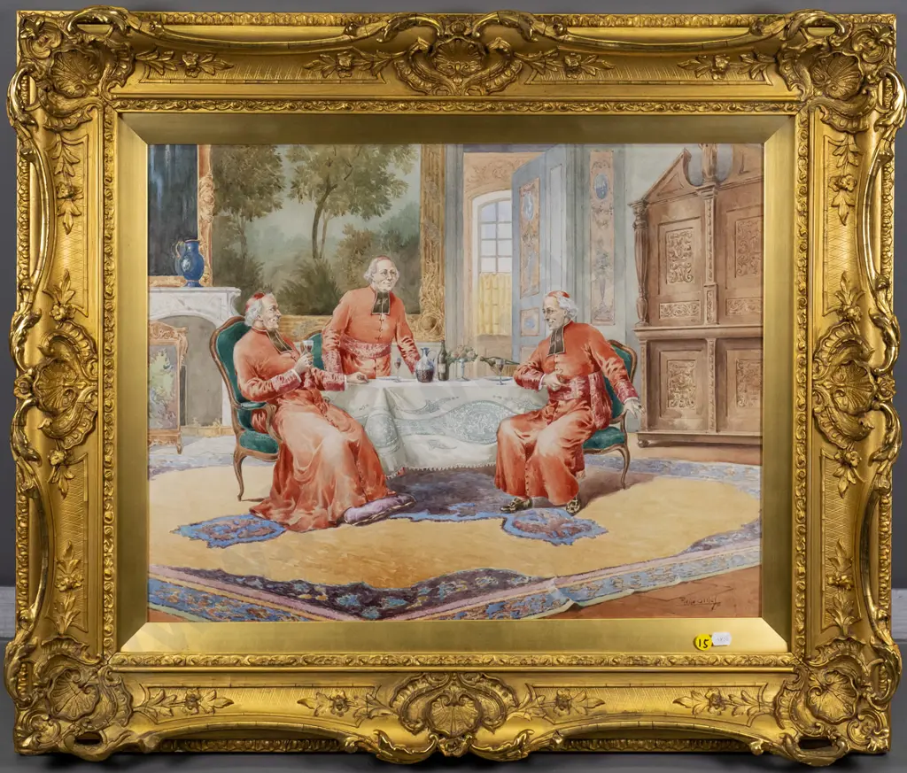 gilt framed watercolour - men of the church drinking wine H-410 W-530 (cracks to frame) Image 1++