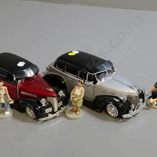 2 1:24 Jada die-cast model cars - Chevy Master Deluxe and Chevy delivery van, plus 3 figurines