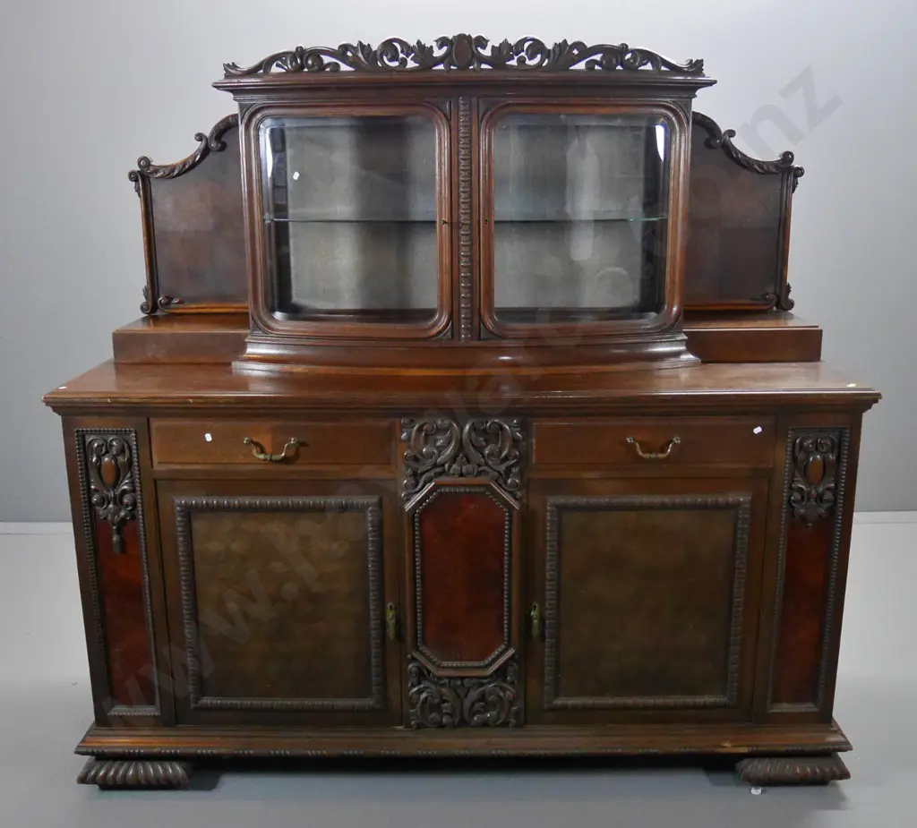 vintage very large oak and mixed veneer display top sideboard w/heavily carved top rail & panels H1750 W1900 D650 Image 1++