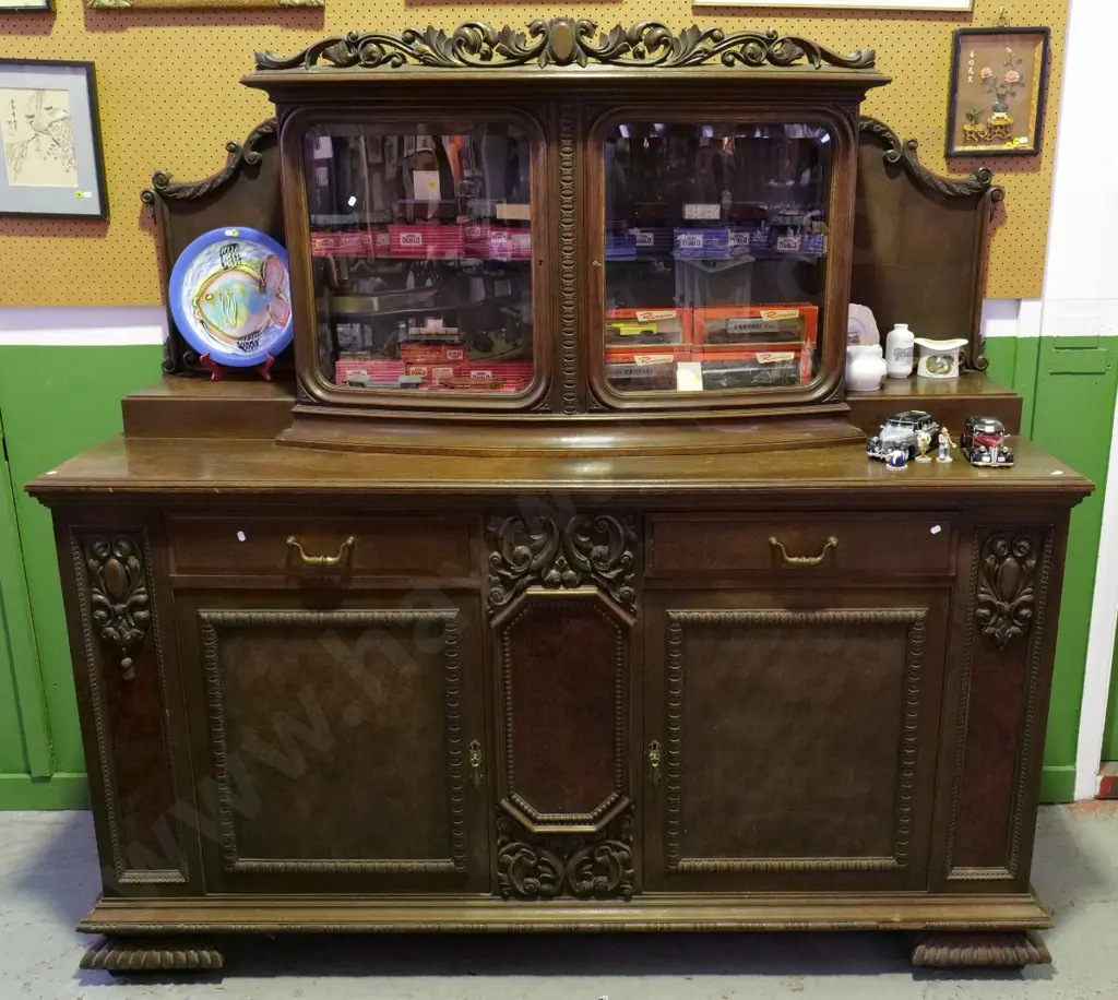 vintage very large oak and mixed veneer display top sideboard w/heavily carved top rail & panels H1750 W1900 D650 Image 1++