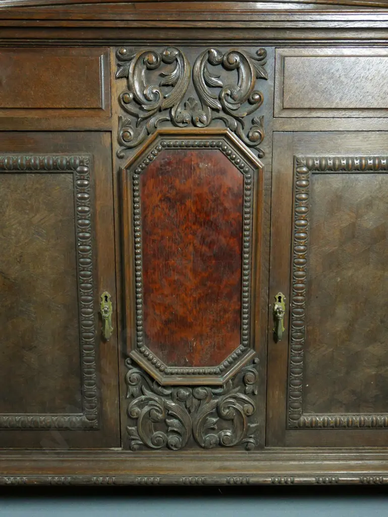 vintage very large oak and mixed veneer display top sideboard w/heavily carved top rail & panels H1750 W1900 D650 Image 1++
