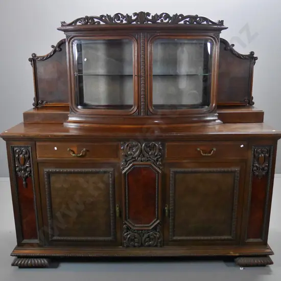 vintage very large oak and mixed veneer display top sideboard w/heavily carved top rail & panels H1750 W1900 D650