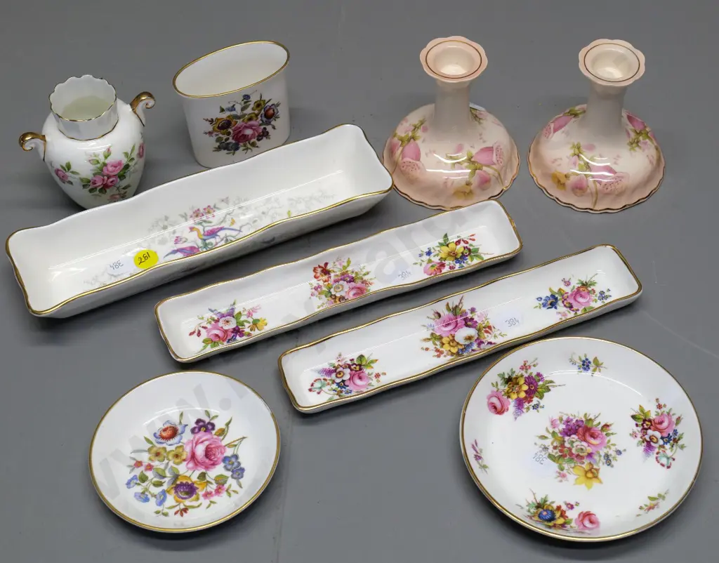 floral English china: pair of Pallisey candlesticks and assorted Royal Worcester, Aynsley, Coalport and Hammersley items Image 1++