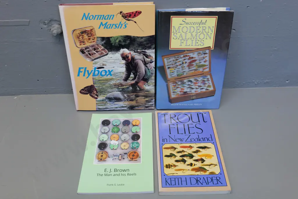 4 books on fishing in New Zealand: EJ Brown - Man and his Reels, trout flies, Norman Marsh, etc. Image 1++
