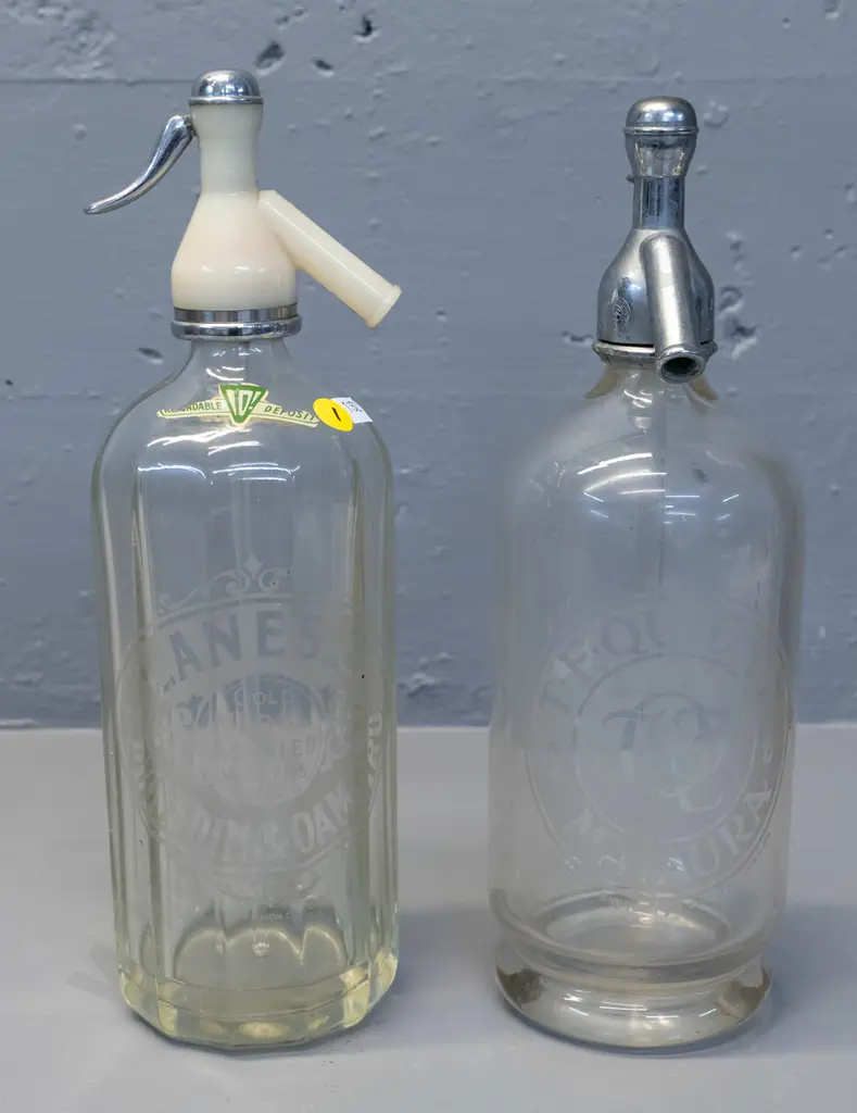 two vintage soda syphons - Lane's Dunedin with plastic nozzle & T.F. Quilter Mataura w/chrome nozzle H-310 Image 1++