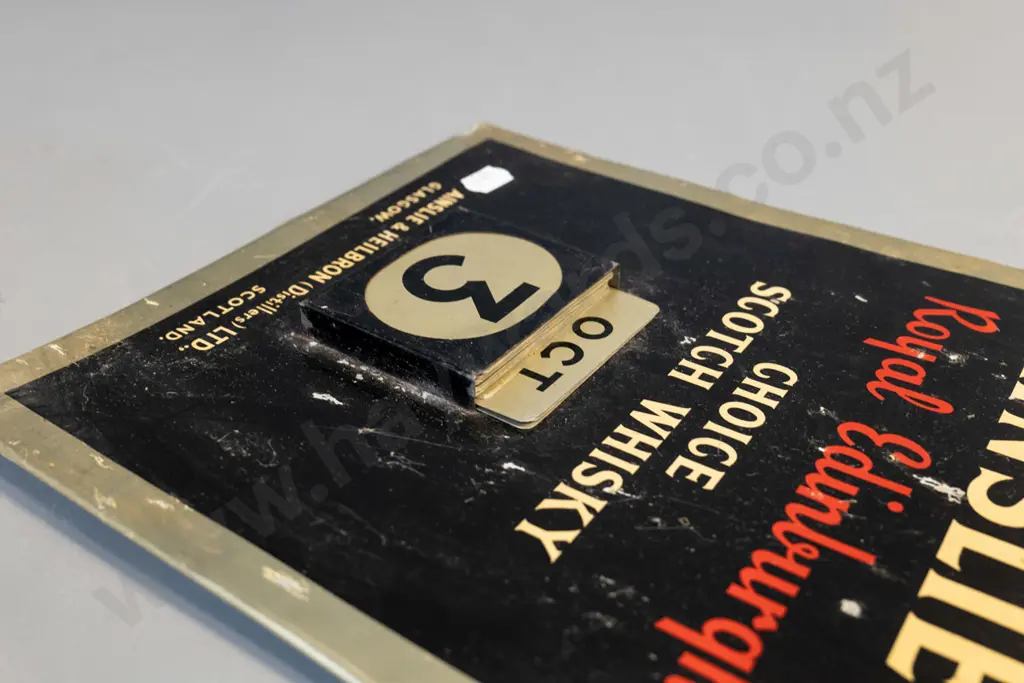 2 Scotch whisky themed advertising calendars - Ainsley's is missing 1&2 metal date card - H-290 W-210 Image 1++