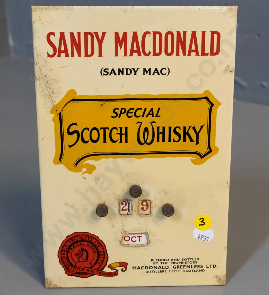 2 Scotch whisky themed advertising calendars - Ainsley's is missing 1&2 metal date card - H-290 W-210 Image 1++