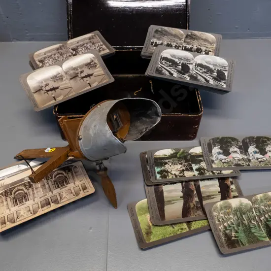 vintage stereoscope with stereo view cards - 8 hand-coloured and 48 black & white, all overseas, in worn laquered box