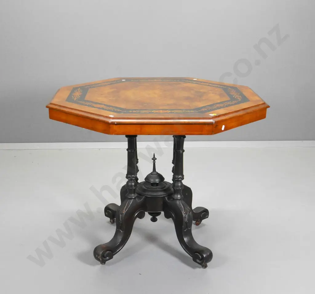 Victorian octagonal loo table with wood inlay marquetry, on casters H-740 W-900 D-900 Image 1++