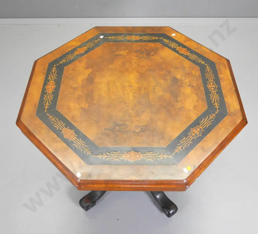 Victorian octagonal loo table with wood inlay marquetry, on casters H-740 W-900 D-900 Image 1++