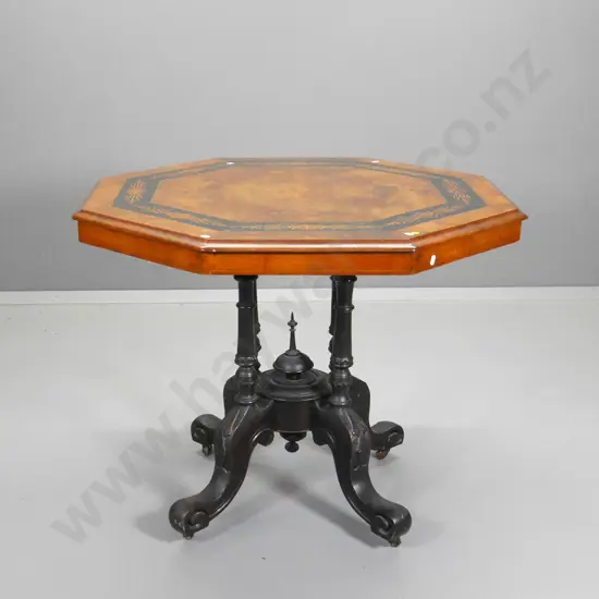 Victorian octagonal loo table with wood inlay marquetry, on casters H-740 W-900 D-900