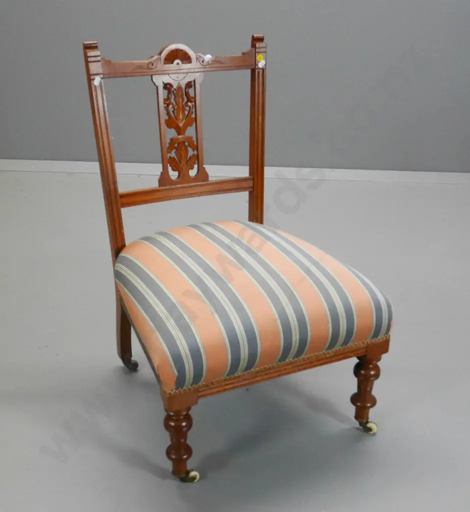 Victorian carved splat back bedroom chair on casters - water mark to upholstery H-760 W-500 D-500 Image 1++