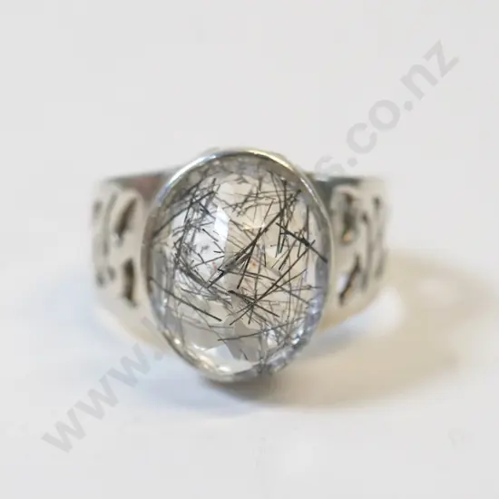 silver clear stone with black lines ring stamped 925