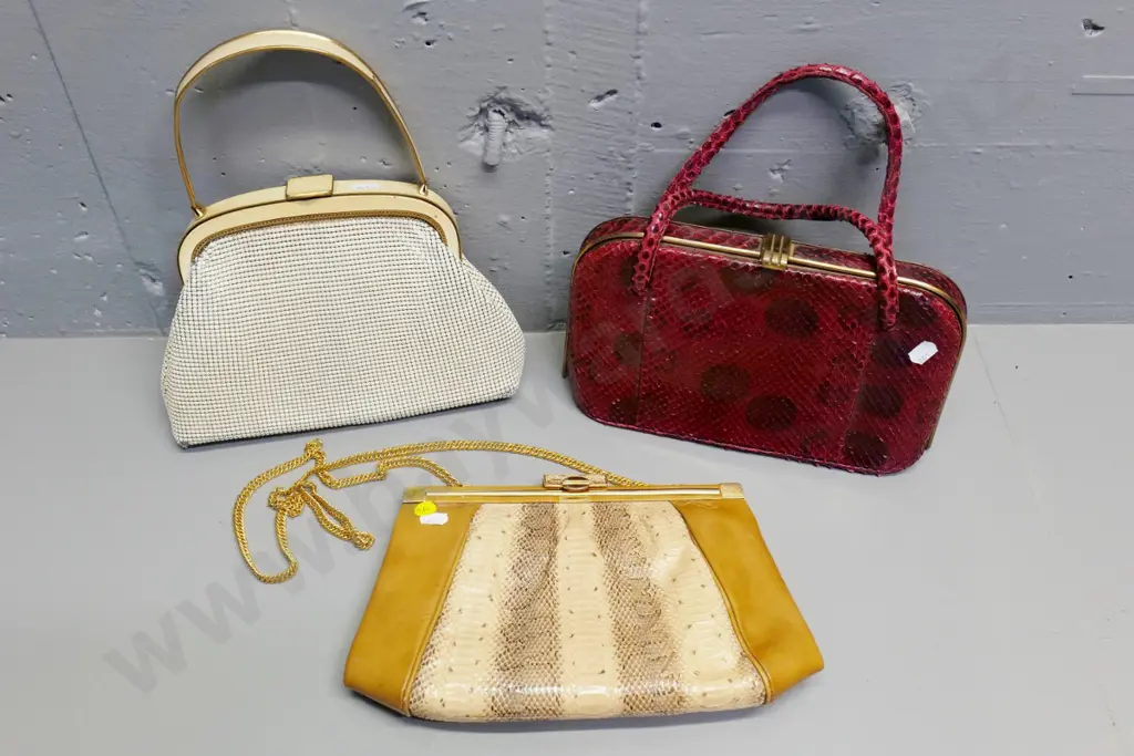 3 vintage handbags - red snakeskin, leather & snakeskin w/gold chain,  Oroton - some wear to each Image 1++
