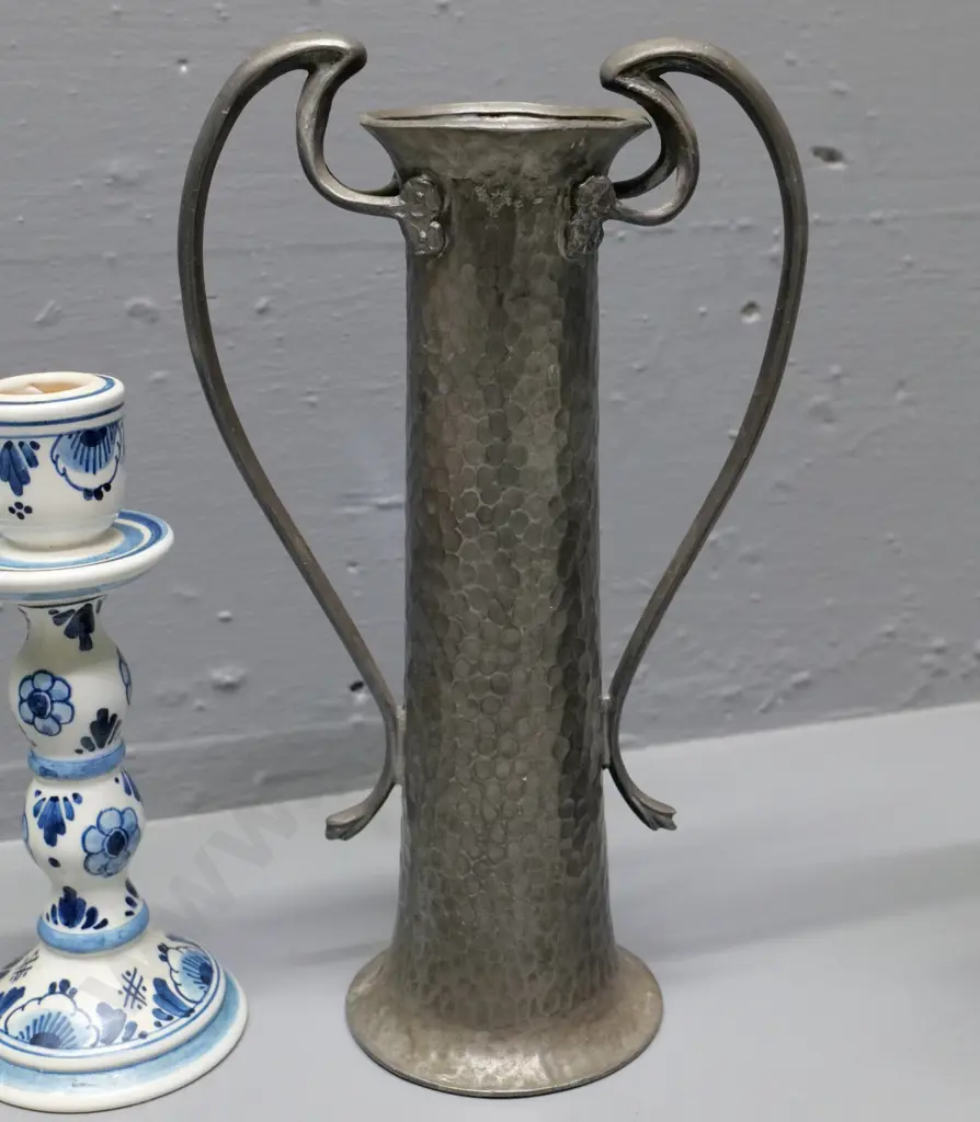 nouveau style beaten pewter double handled vase H-220, pair Delft candlesticks, frosted glass bowl and a metal  jug Image 1++