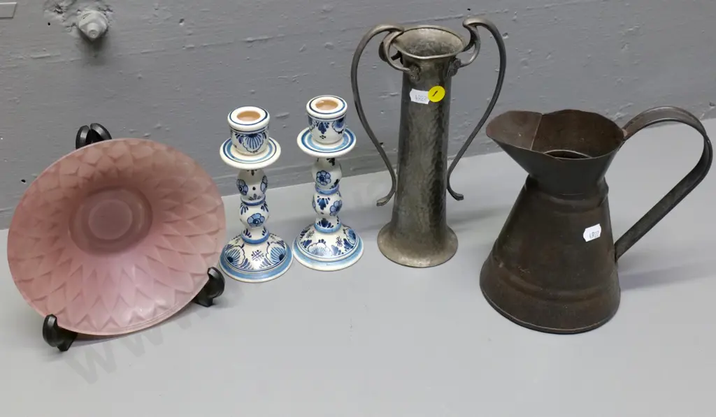 nouveau style beaten pewter double handled vase H-220, pair Delft candlesticks, frosted glass bowl and a metal  jug Image 1++