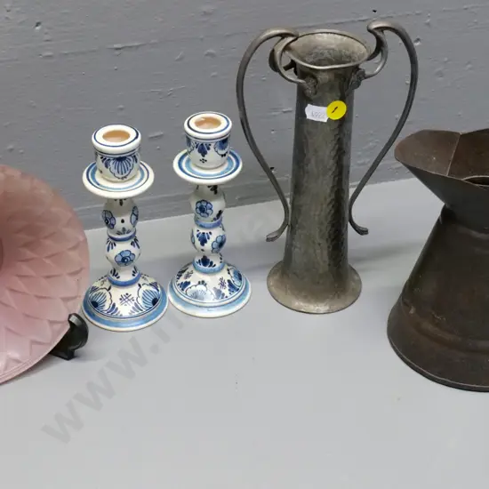 nouveau style beaten pewter double handled vase H-220, pair Delft candlesticks, frosted glass bowl and a metal  jug