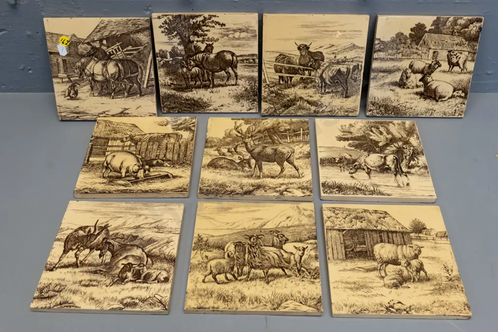 10 ceramic tiles - Minton farmyard scenes by William Wise circa late 1840s, 5 with W. Wise signature Image 1++