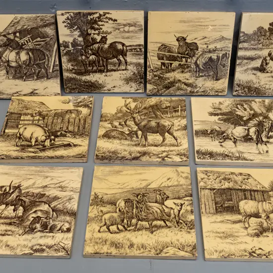 10 ceramic tiles - Minton farmyard scenes by William Wise circa late 1840s, 5 with W. Wise signature