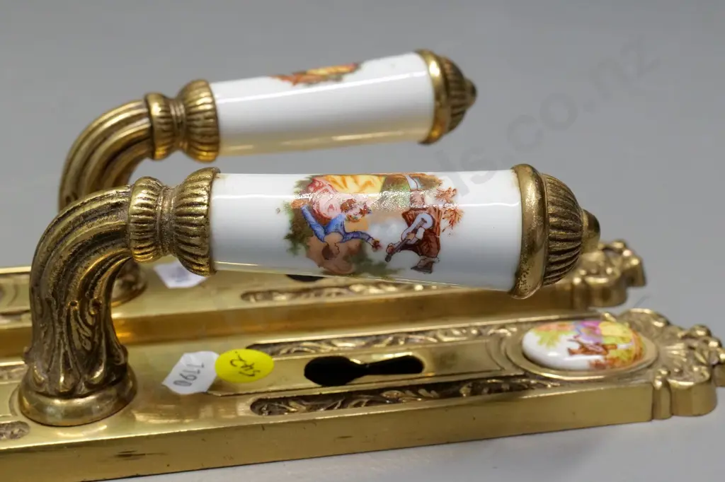 pair of cast brass and Limoges-style porcelain door latches - marked Spain H-250 Image 1++