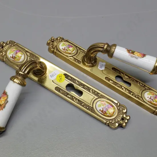 pair of cast brass and Limoges-style porcelain door latches - marked Spain H-250