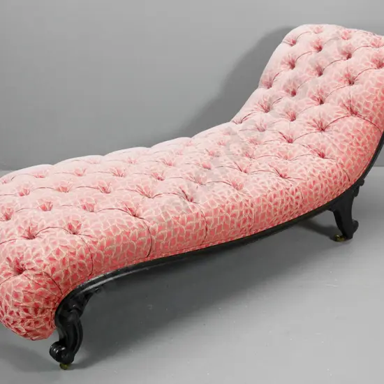 Louis-style carved frame rolled-end deep button chaise longue covered in pink damask H770 L-1850 D-620