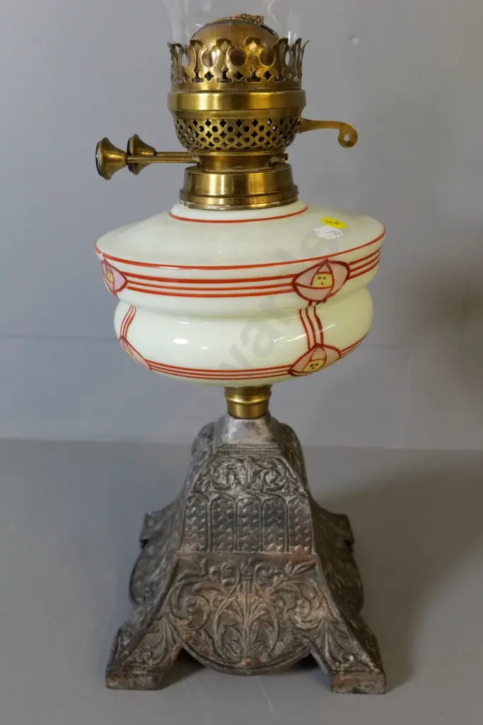 vintage kerosene lamp - hand-decorated glass, cast metal base, brass fitting, H-600 with chimney Image 1++