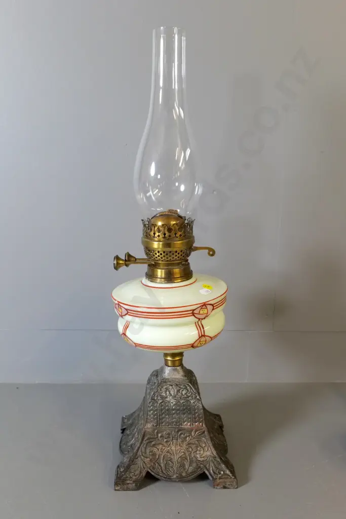 vintage kerosene lamp - hand-decorated glass, cast metal base, brass fitting, H-600 with chimney Image 1++
