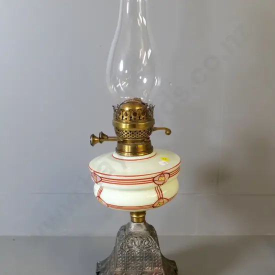 vintage kerosene lamp - hand-decorated glass, cast metal base, brass fitting, H-600 with chimney